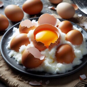 cracked eggs on a pile of cooked egg whites